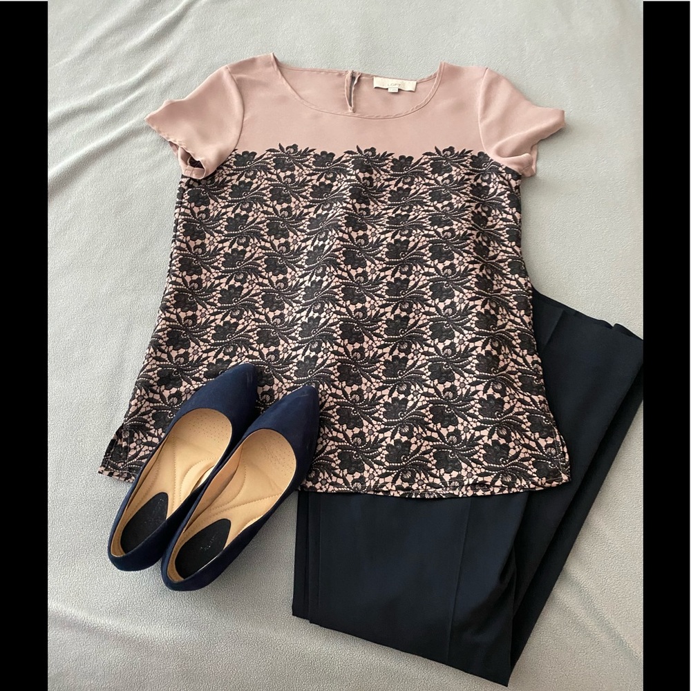 LOFT Mixed Media Short Sleeve Blouse